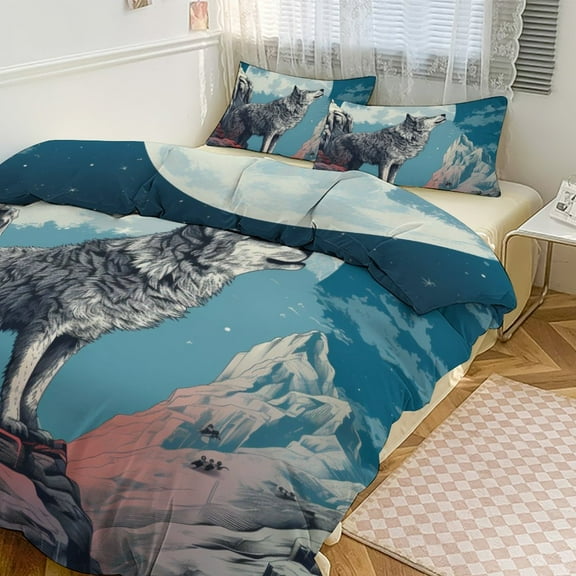Howling Wolf Full Moon Bedding Set with Zipper Closure for Girls & Boys