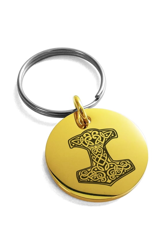 Stainless Steel Thor's Hammer Mjolnir Knot Viking Norse Engraved Small Medallion Circle Charm Keychain Keyring