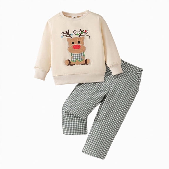 YDFCWXW Toddler Baby Boys Outfits Long Sleeve Embroidery Sweatshirt Gingham Plaid Pants Smocked Clothes (Beige, 2-3 Years)