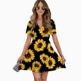 thumbnail image 2 of Sunflower Black Background Women Dress V-Neck Short Sleeve Flowy Swing Party Midi Dress, 2 of 4