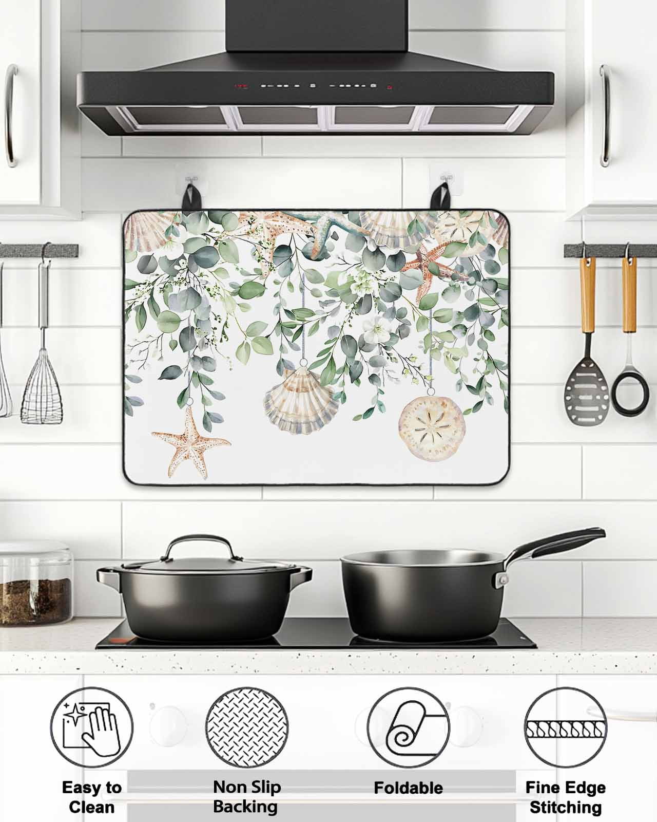 Stove Top Covers for Electric Stove, Green Coastal Glass Stovetop Cover Protector, Eucalyptus Leaves Summer Beach Starfish Induction Cooktop Protector Oven Mat for Kitchen Countertop 36"x21"