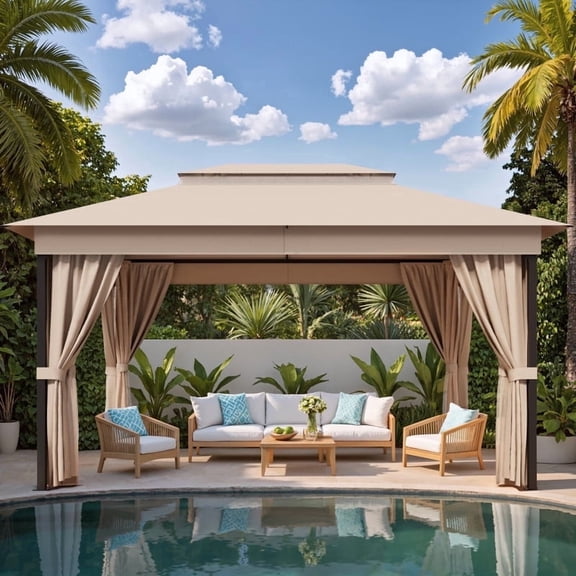 Devoko 10×13 ft Outdoor Pop Up Gazebo with Mosquito Netting，Double Roof Gazebo with Double Curtains for Backyard, Garden and Patio,Khaki
