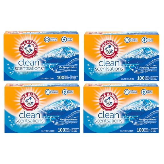 4 Pack of Arm & Hammer Fabric Softener Dryer Sheets, Purifying Waters Scent, 100 Count