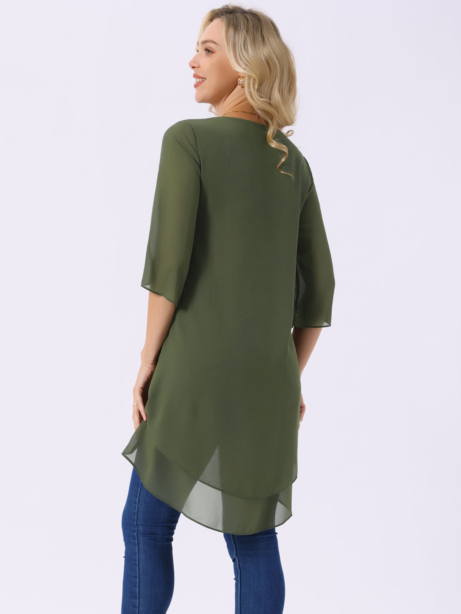 DARING DIVA Women's 3/4 Sleeve High Low Hem Scoop Neck Chiffon Blouses L Army Green