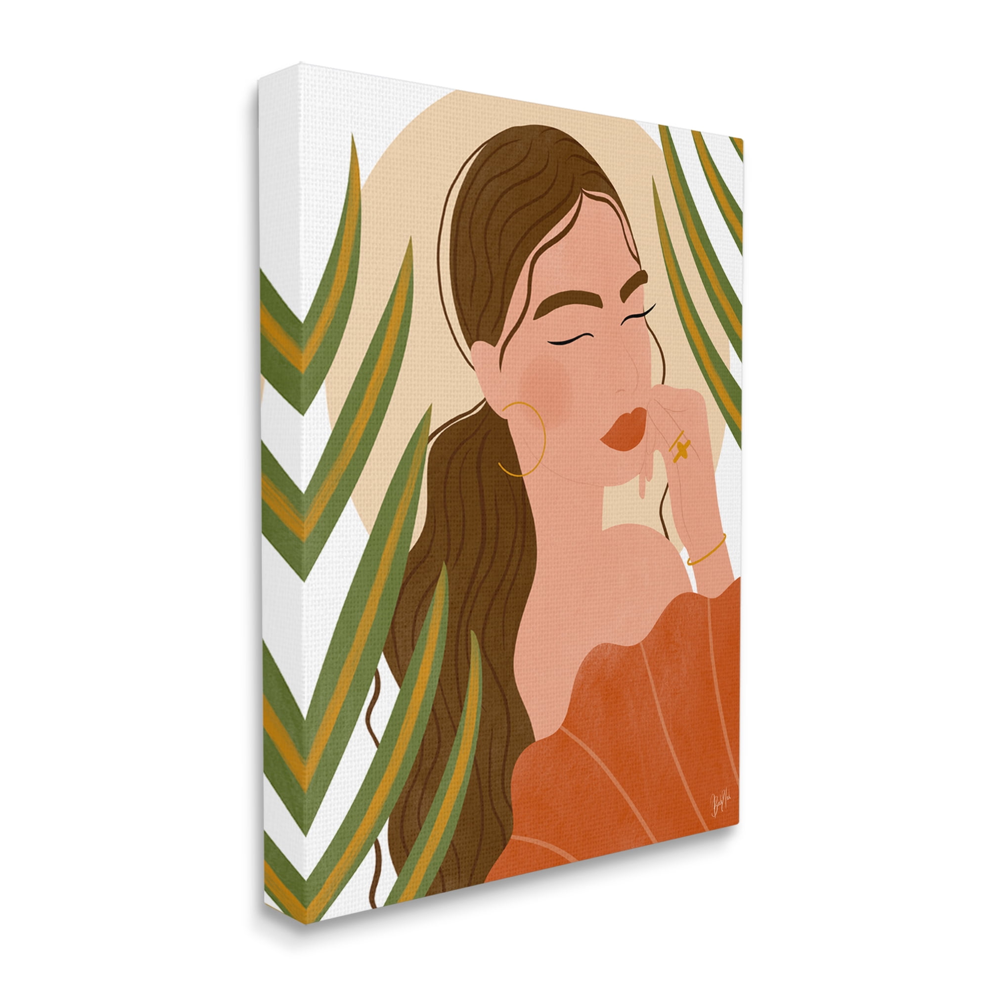 Stupell Industries Woman Tropical Snake Plant Leaves Circle Cutout Shape Graphic Art Gallery Wrapped Canvas Print Wall Art, Design by Birch&Ink