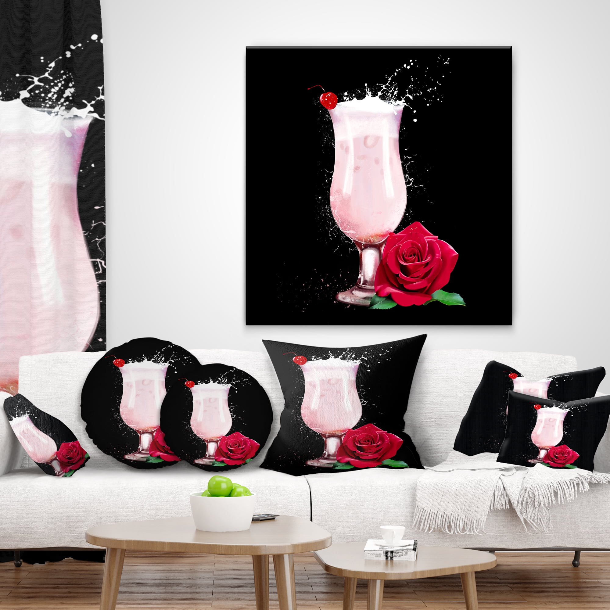 Designart Strawberry Cocktail and Red Rose - Floral Throw Pillow - 18x18