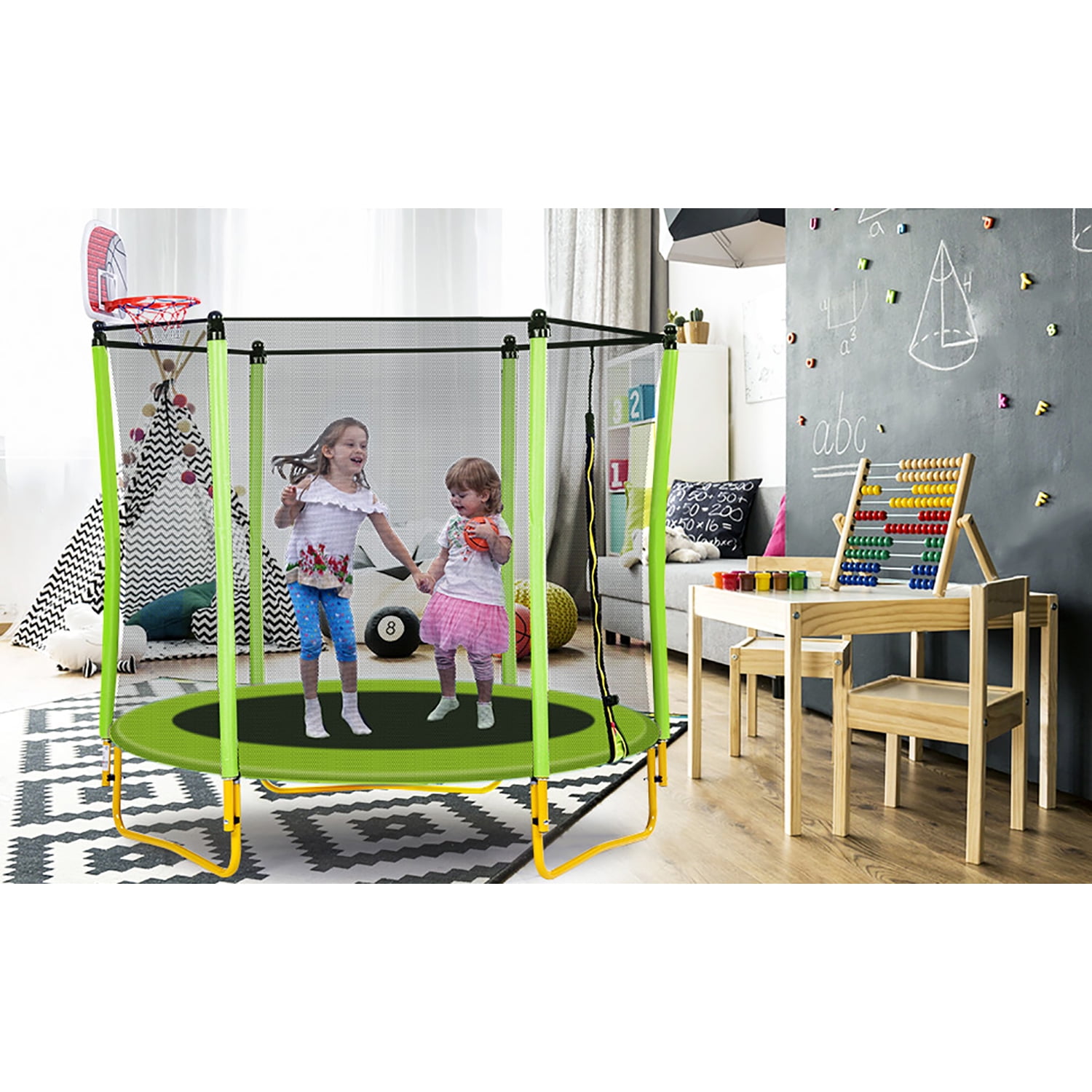 Kadyn 5.5FT Children Trampoline, Metal Mini Small Trampolines with Enclosure, Basketball Hoop and Ball Included, Indoor Outdoor Mini Trampoline for Kids, Green Kadyn 5.5FT Children Trampoline, Metal Mini Small Trampolines with Enclosure, Basketball Hoop and Ball Included, Indoor Outdoor Mini Trampoline for Kids, Green