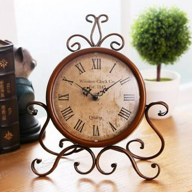 Horloge de Table en Fer Forgé Vintage Style Européen Rétro pour Décoration de Bureau à Domicile (Marron)