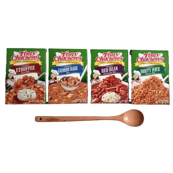 Tony Chachere’s, Rice, Dinner Mix, Creole, Dirty Rice, 8 oz, Red Bean Seasoning Mix 2.2 oz, Gumbo Base Mix 3 oz, Etouffee Base Mix 2.75oz, and GeauxDat Wooden Spoon