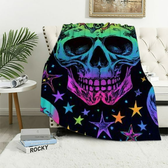 Patifu Sugar Skull Flannel Fleece Blanket Gothic Skull Star Colorful Plush Throw Blanket, Halloween Themed All Season,Bed Blanket for Sofa Couch Kids Microfiber Bones Rainbow Room Decor 40x50in