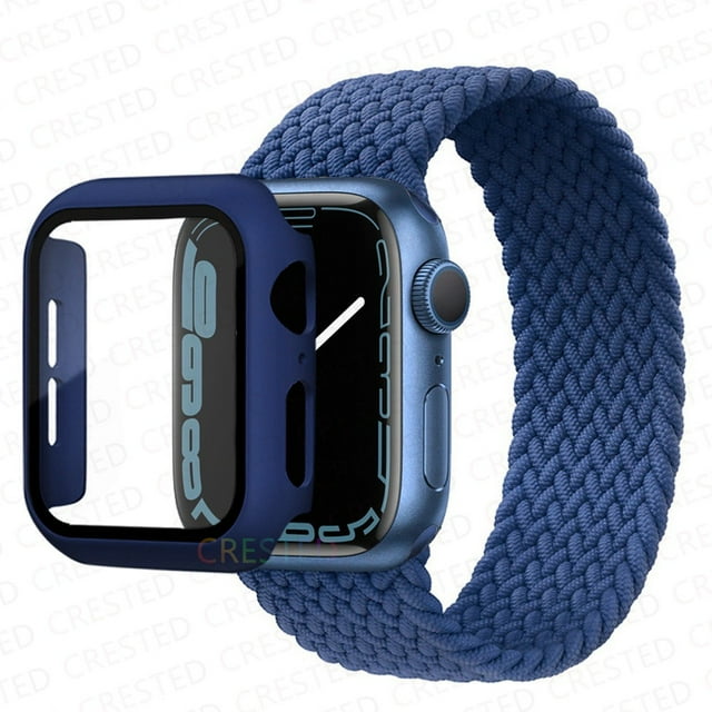 ALMNVO Apple Watch Bands 44mm Screen Protector Case Braided Solo Loop Strap with Protective Case, Stretchy Wristband Elastic Nylon Strap Bracelet for iWatch Series 6 5 4 SE -Athletic Blue