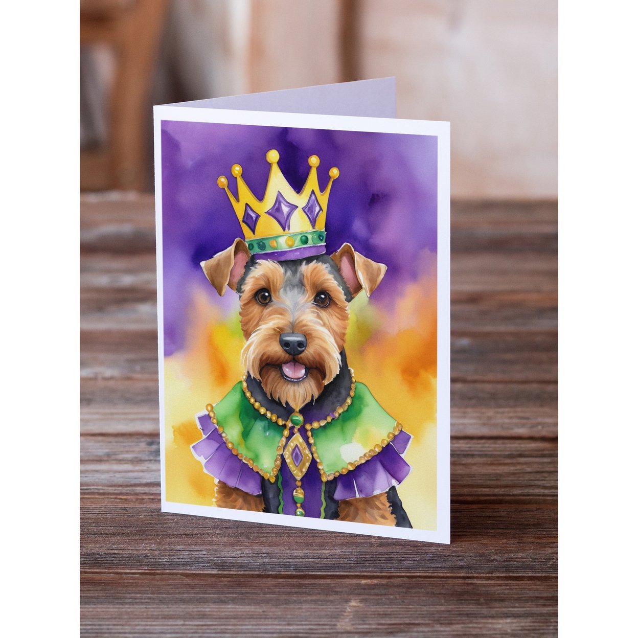 Welsh Terrier King of Mardi Gras Greeting Cards Pack of 8 7 in x 5 in