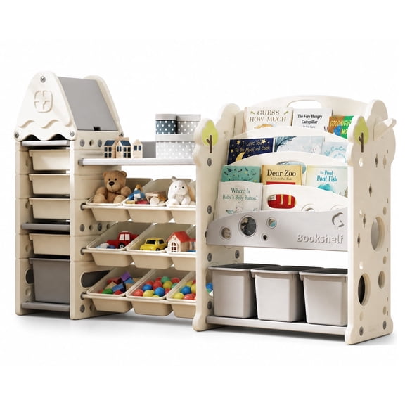 ICEELF Kids Toy Storage Organizer with 17 Removable Bins, 4-Tier Bookshelf, Castle-Shaped Storage Cabinet for Playroom, Bedroom, Nursery, Cream