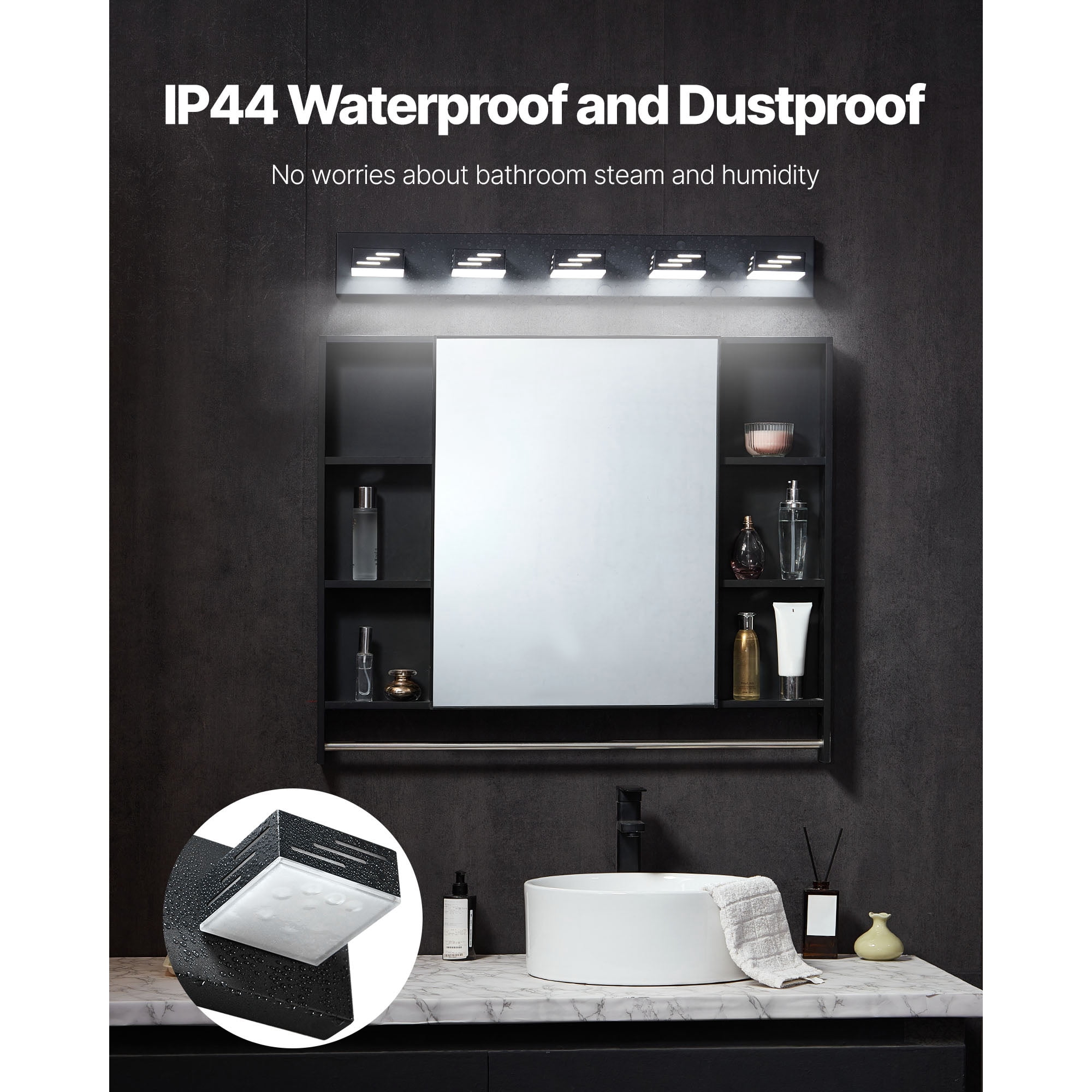 KFFKFF 5-Light LED Vanity Light Fixture, 33.46-Inch, Black Finish Wall Lighting for Bathroom, Bedroom, Living Room, Hallway, Cool White 6000K, IP44 Waterproof