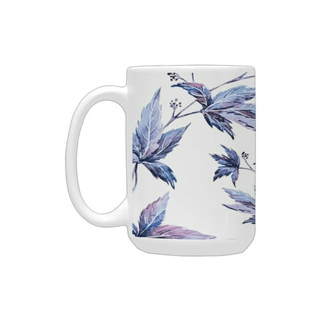 

Indigo Abstract Grunge Watercolored Hand Drawn Image Shadow Tree Leaves Purple Dark Blue and White Ceramic Mug (15 OZ) (Made In USA)