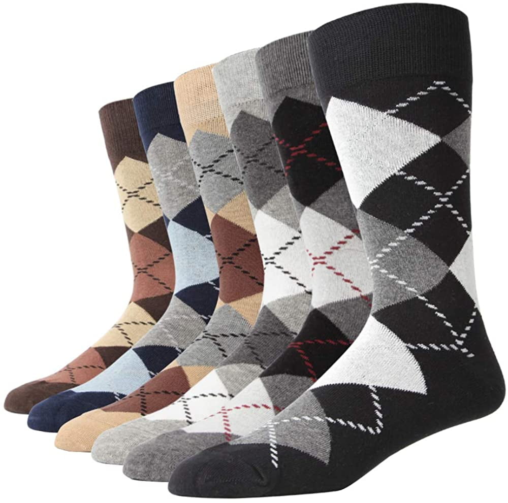 Men's Dress Socks Big & Tall 6-Pack Argyle Striped Dark Color Classic ...