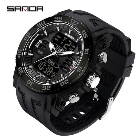 SANDA Luxury Original Men Sports Wrist Watch Gold Quartz Steel Waterproof Dual Display Clock Watches Relogio Masculino 6029