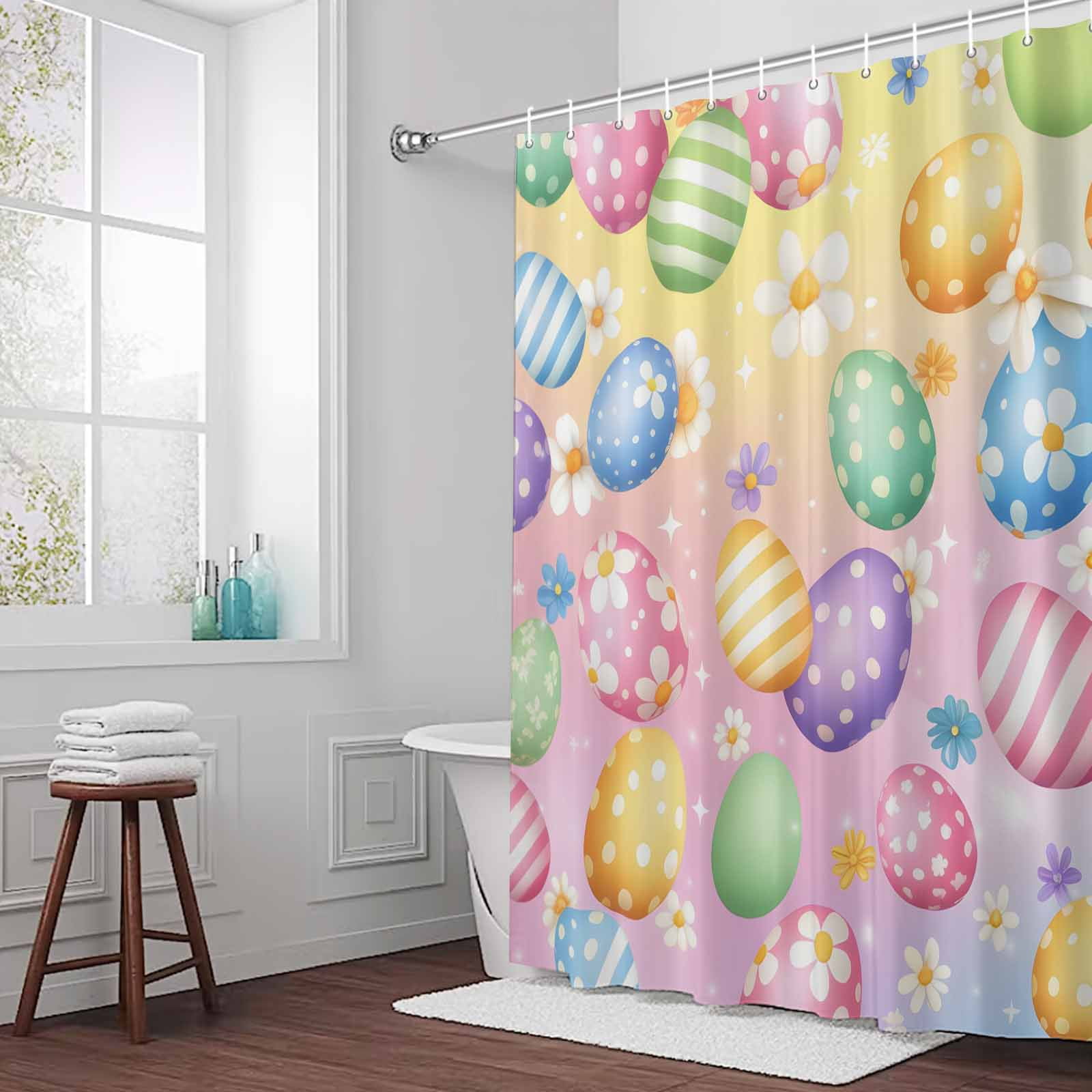 Easter Eggs Shower Curtain for Bathroom, Spring Colorful Easter Eggs Floral Gradient Yellow Pink Waterproof Cloth Fabric Bathroom Accessories Set with 12 Rust Proof Plastic Hooks, 60"x72"