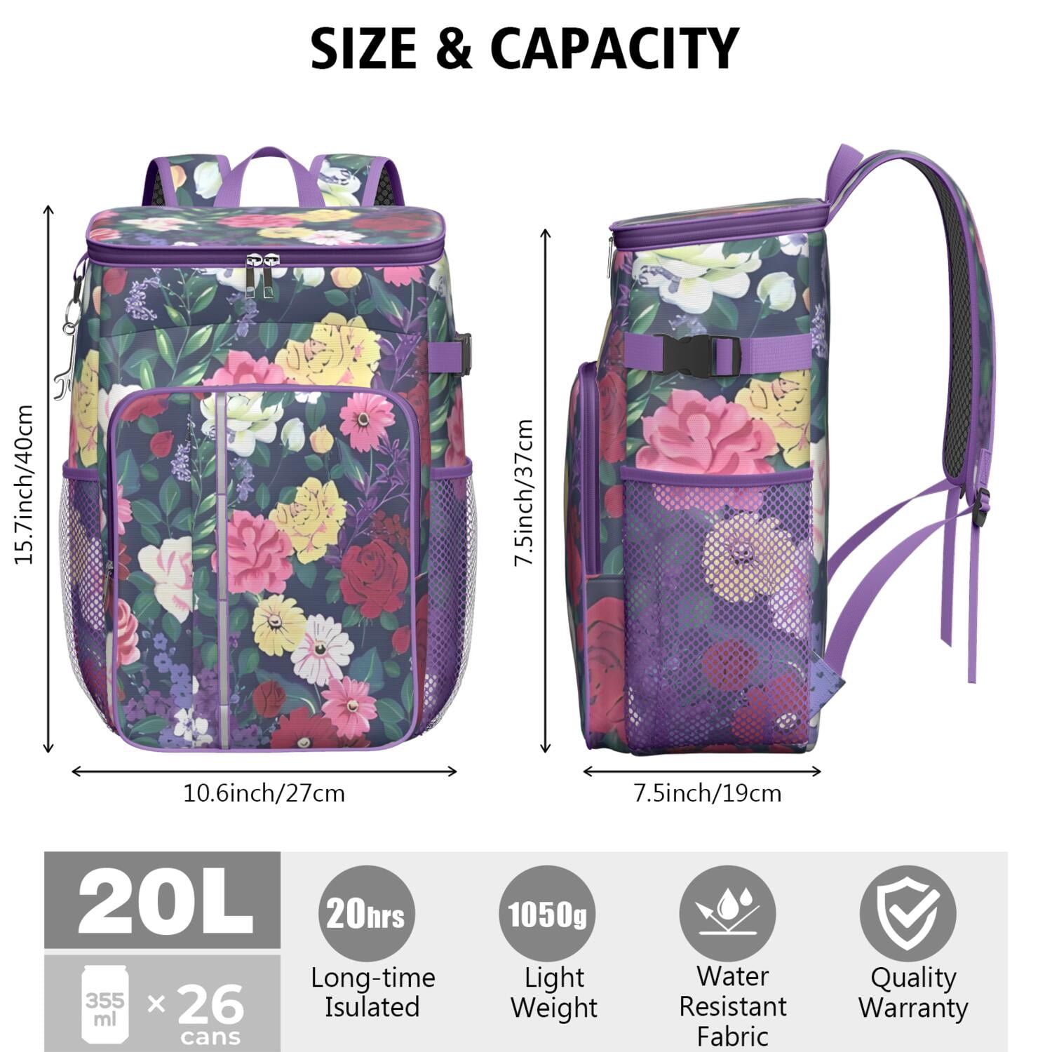 Travel Cooler Bag - Pioneer Flower Floral Print Pattern Camping Beer Cooler Backpack with Bottle Opener- Waterproof Insulated Picnic Backpacks - Cooler Bag for Beach