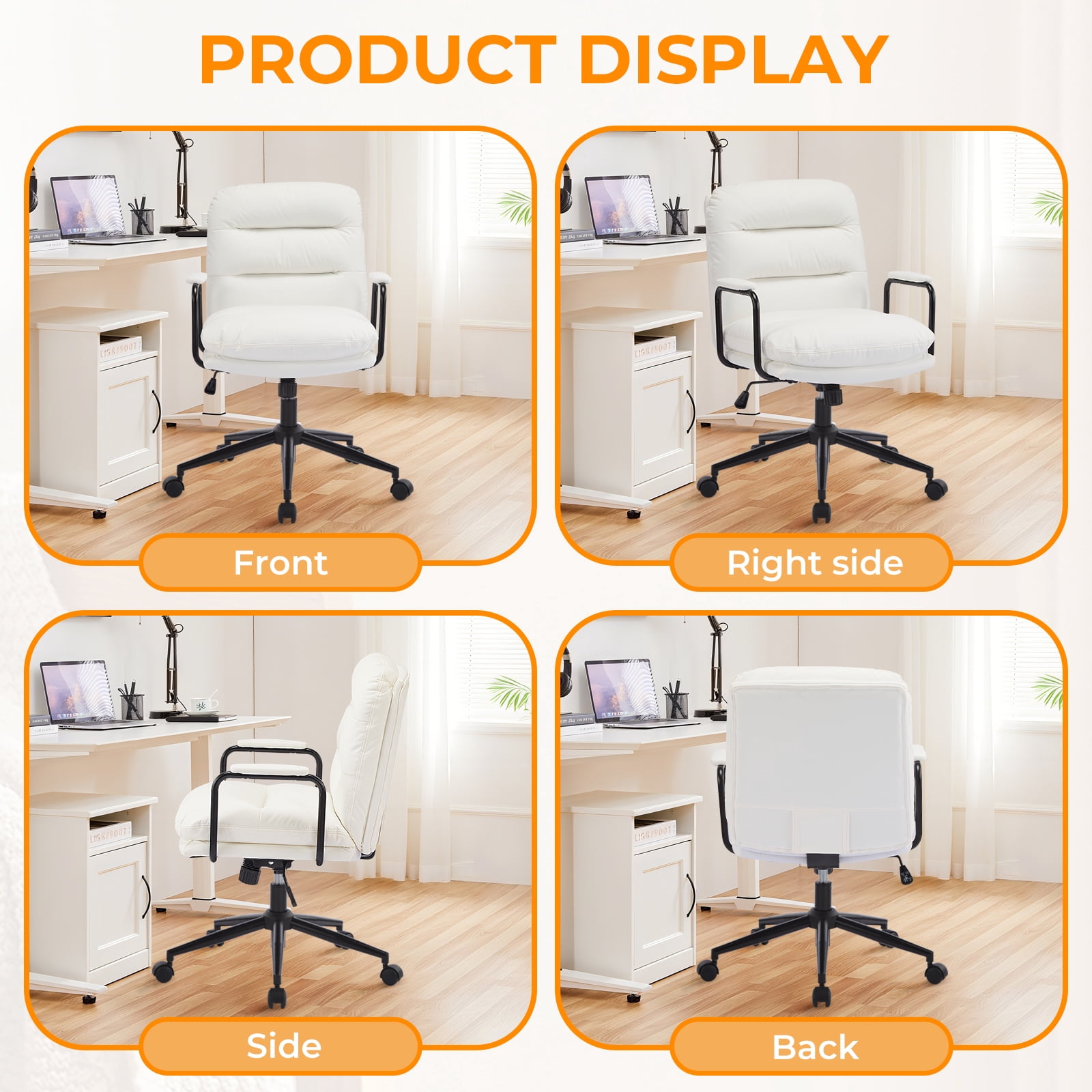 Falvinoryn Modern Office Chair, High Back Ergonomic Task Chair with Padded Armrests and Double Cushion, Swivel Home Office Desk Chair, Faux Leather Executive Armchair for Home, Bedroom (White)