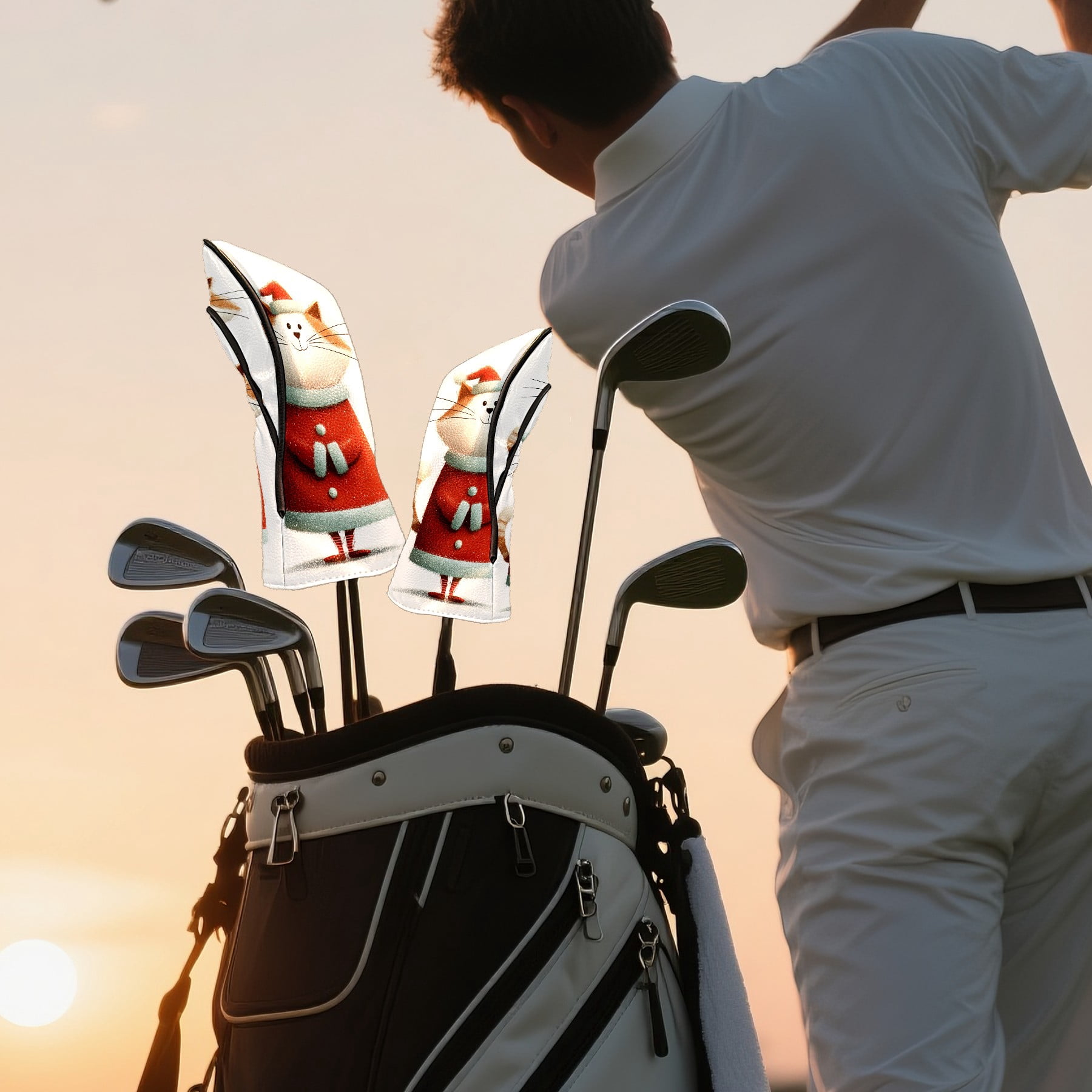 Golf Club Covers, Red XmasCatStand Premium PU Leather Driver Hybrid Putter Head Covers with Velvet Lining, Waterproof Golf Gifts for Men Women