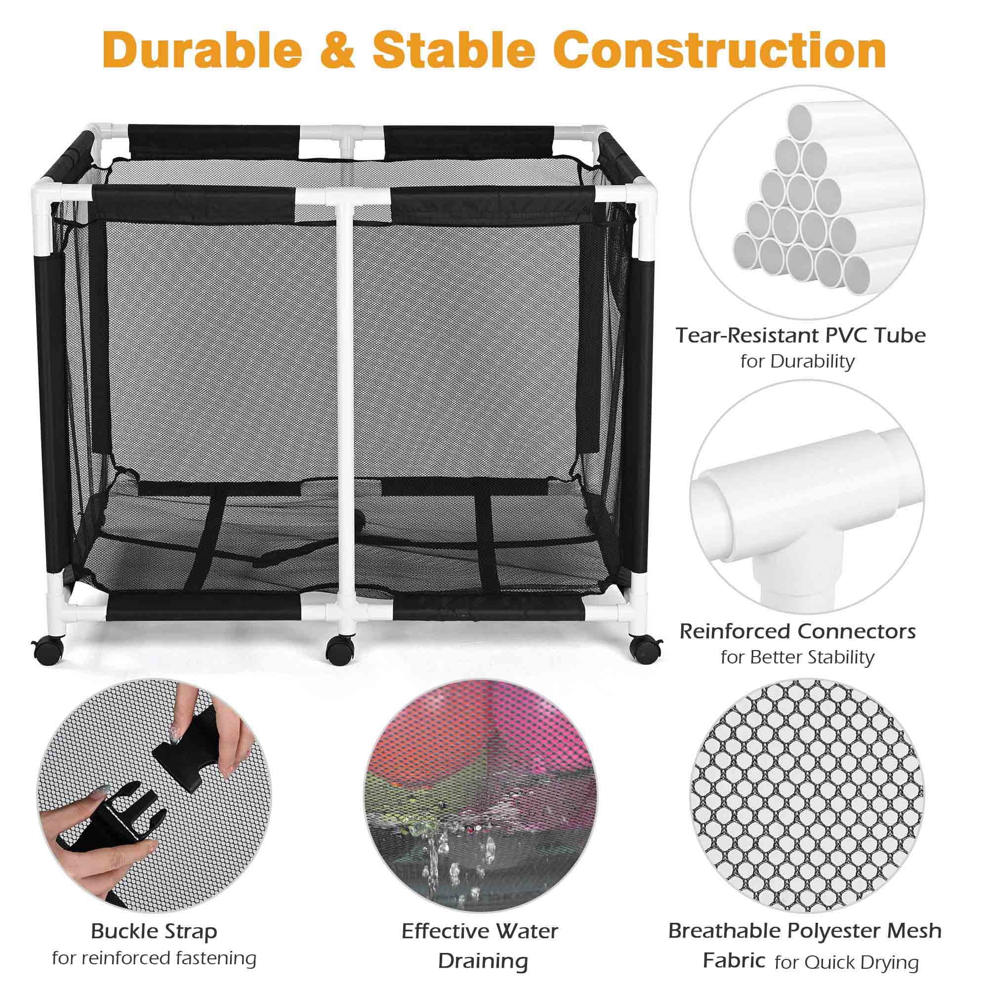 Yescom 48" Heavy-Duty Rolling Pool Toy Storage Bin – Reinforced Metal Frame Mesh Cart with 10-Wheel Stability, Side Pockets, and Breathable Quick-Dry Fabric in Black