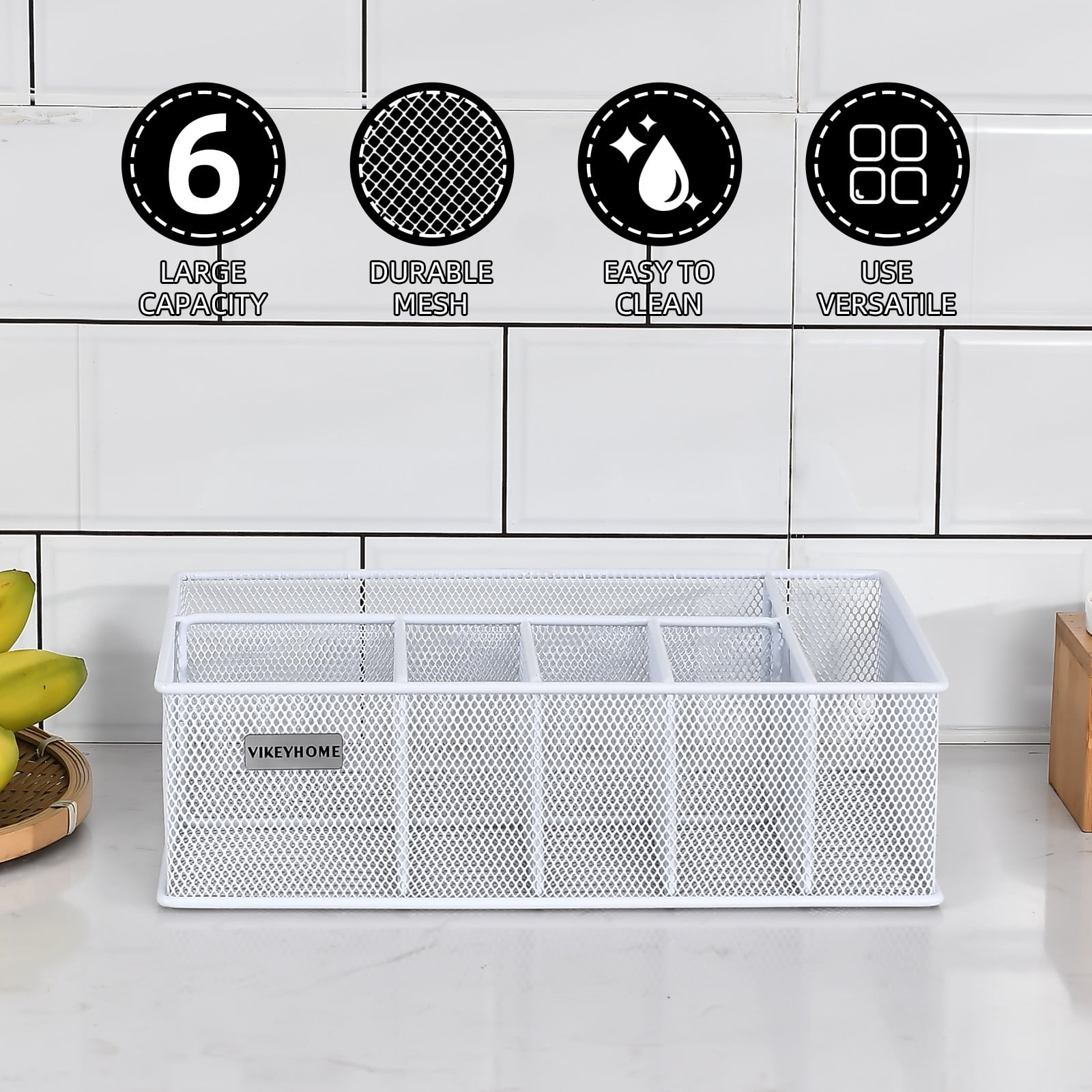 Paper Plate Organizer for Countertop, Metal Silverware Caddy with 6 Compartments for Plate, Cup, Napkin, Paper Plate and Utensil Holder Caddy for Party, Camping, Picnic