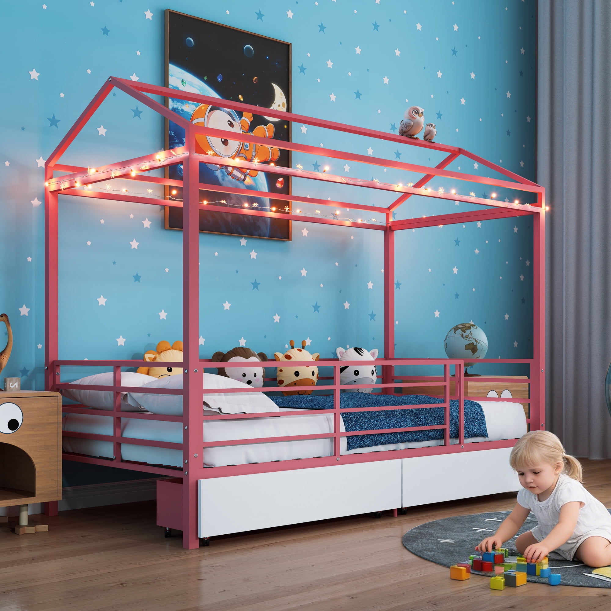 Mintazer Twin Size Metal House Bed with 2 Drawers, Kids Floor Bed with Guardrails for Boys & Girls, Pink