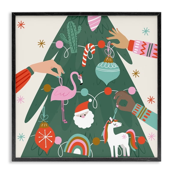 Stupell Industries Contemporary People Decorating Christmas Fir Tree Cheerful Ornaments Black Framed Giclee Art, 12 x 12, by Angela Nickeas