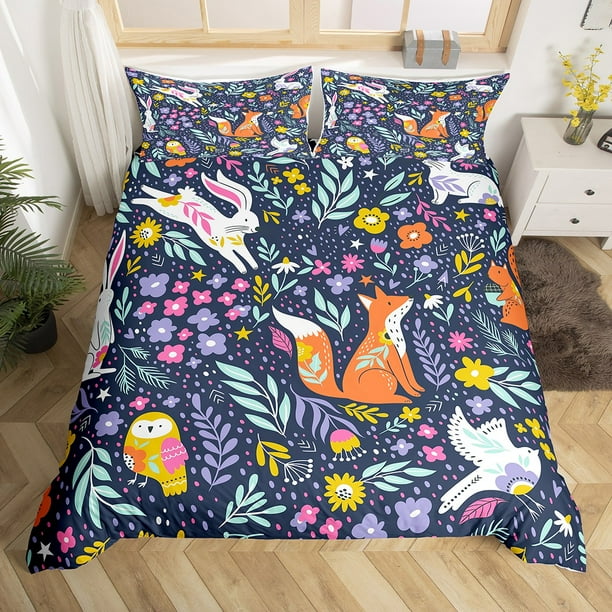 Fox Bedding Set Cute Rabbit Comforter Cover for Kids Toddler,Woodland