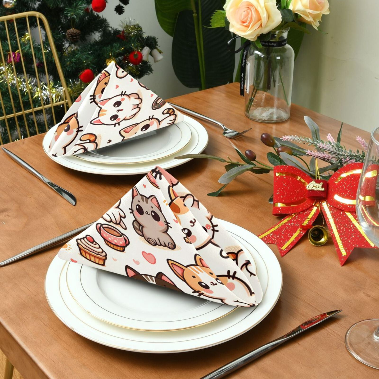 JSTEL Kitten Cat Donut Cloth Napkins Set of 6, 20x20 Inch Washable and Reusable Napkin for Decoupage Dinner Party Everyday Use