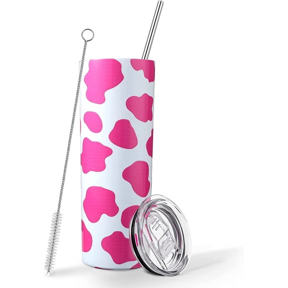 Cow Print Tumbler with Lid and Straw Stainless Steel Insulated Thermal Slim Cows Skinny Tumbler 20 oz Cow Print Cups Cute Coffee Cup with Lid and Straw Cow Print Mug for Women (Black and White)