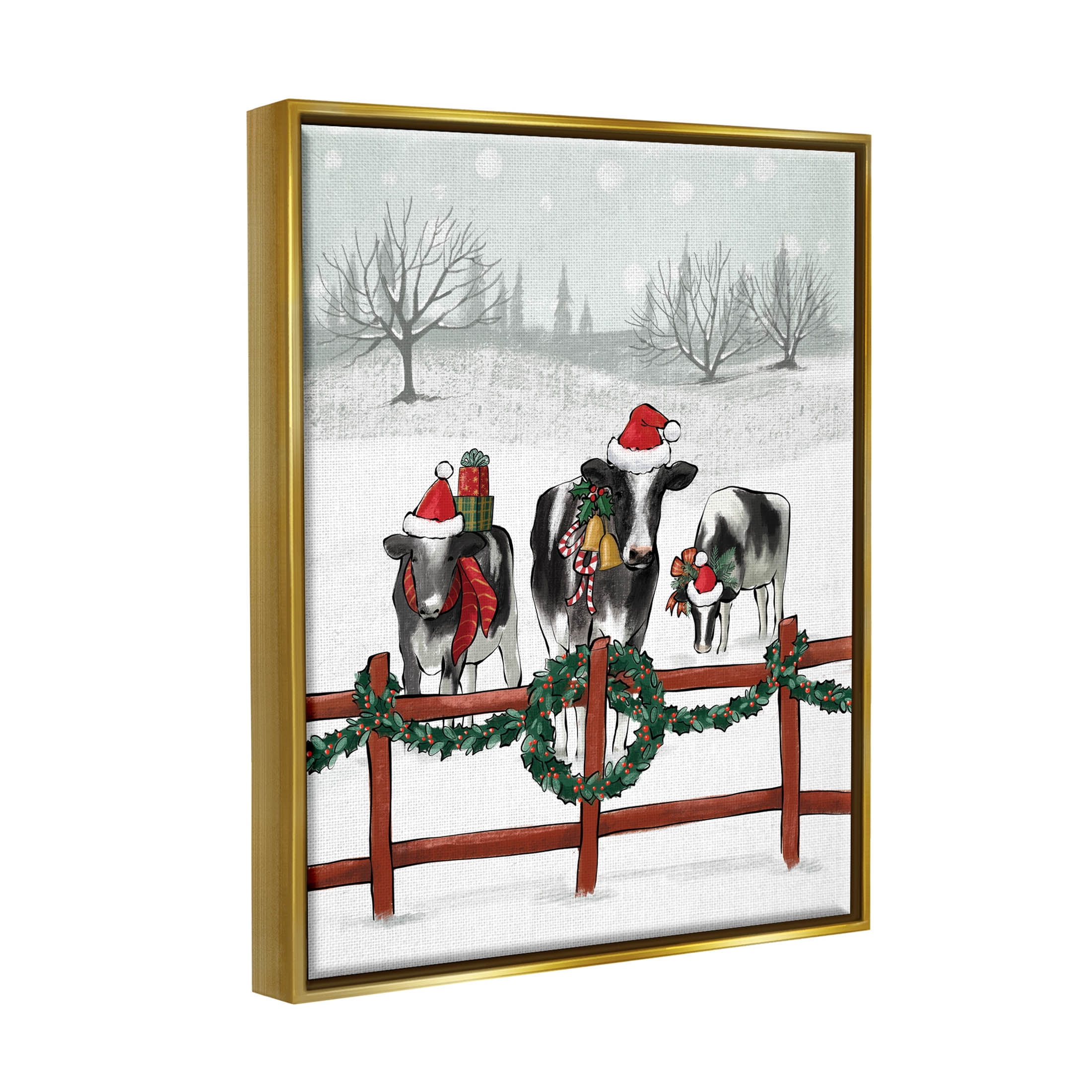 Holiday Cows Farmland Fence Holiday Graphic Art Metallic Gold Framed Art Print Wall Art