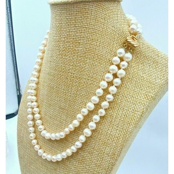 EOEMY 2 Rows 8-9mm Genuine Natural White Akoya Cultured Pearl Bead Necklace 18-19"