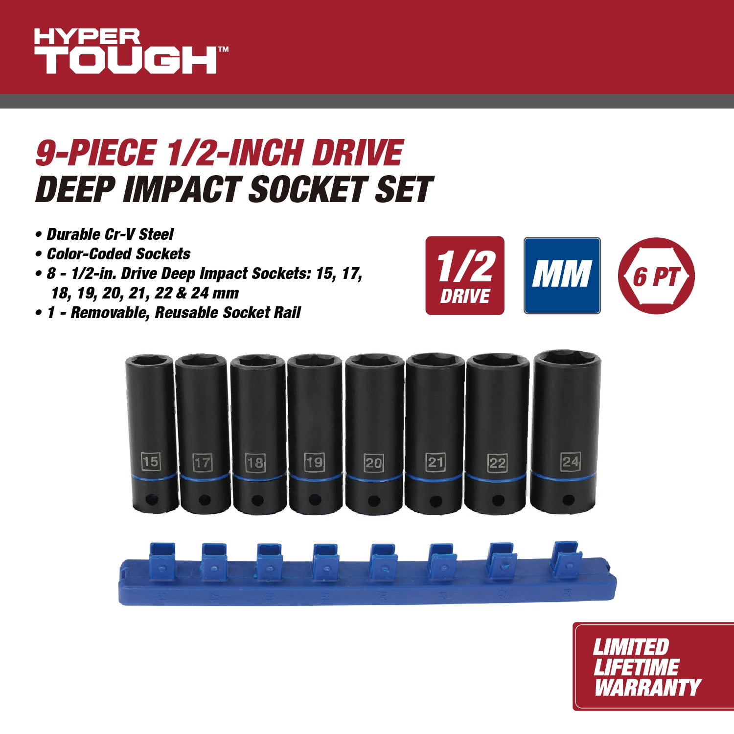 Hyper Tough 9-Piece 1/2-inch Drive Deep Metric Impact Socket Set (mm)