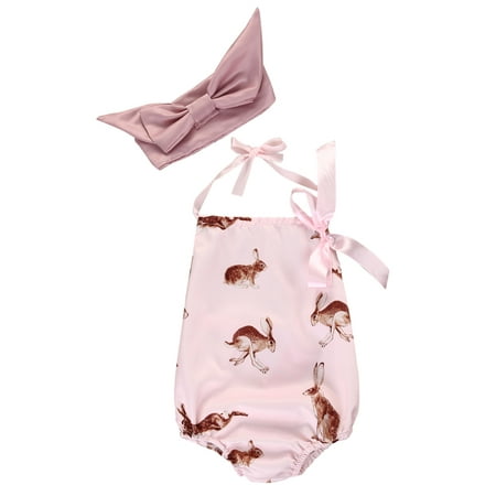 

jaweiw Baby Girls Summer Romper Sleeveless Rabbit Print Hanging Neck Romper + Bowknot Headband Infant 2Pcs Cute Outfits Size 0 6 9 12 18 M