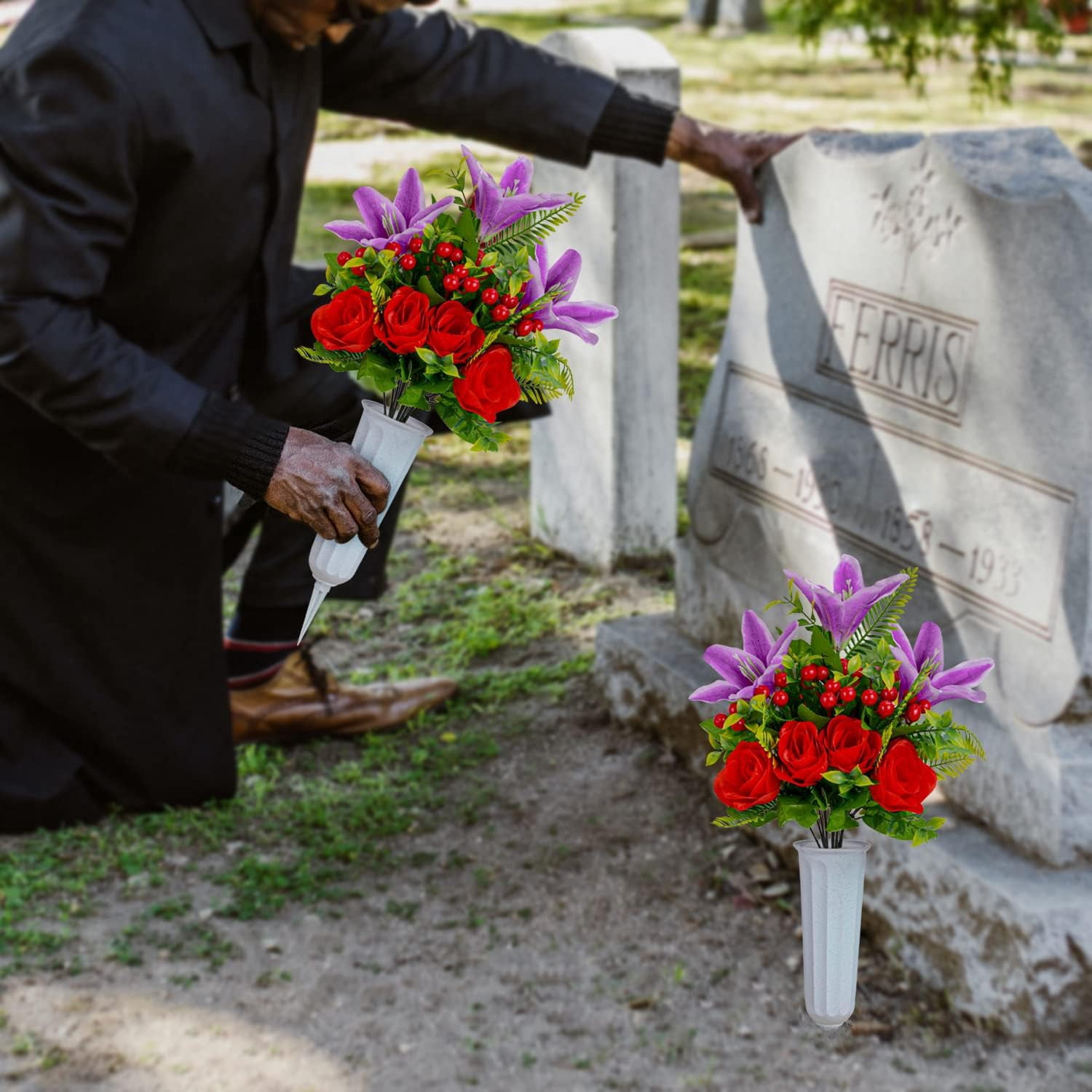 Artificial Cemetery Flowers for Grave, Set of 2 Artificial Memorial Flowers with Vase for Outdoor Cemetery Headstones Graveyard Gravestone Decoration (Red Lily&White Purple Peony)
