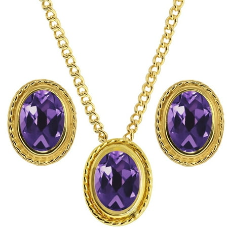2.25 Ct Oval Purple Amethyst 925 Yellow Gold Plated Silver Pendant Earrings Set