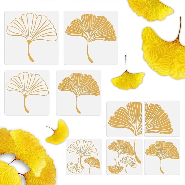 9 plantillas reutilizables de plástico con forma de hoja de ginkgo para pared. Tamaños: grande, mediano y pequeño.