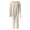 thumbnail image 5 of ManxiVoo Women's Ribbed Knit Two Piece Lounge Set Long Sleeve Comfortable Casual Sportswear Coordinated Loungewear Outfit L Size Beige, 5 of 5