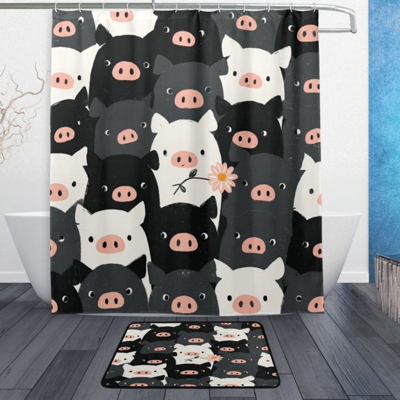 TTYFWHD 60" x 72" Shower Curtain and Bath Mat Set Monochrome Piggy Crowd Waterproof Bathroom Curtain with 12 Hooks, Bathroom Decor Set