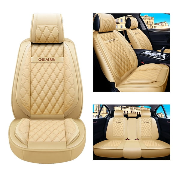 Maidao 5 Seats Car Seat Covers, Waterproof Pu Leather Front Rear Car Seat Cushion Cover Universal Auto Truck Van SUV Beige