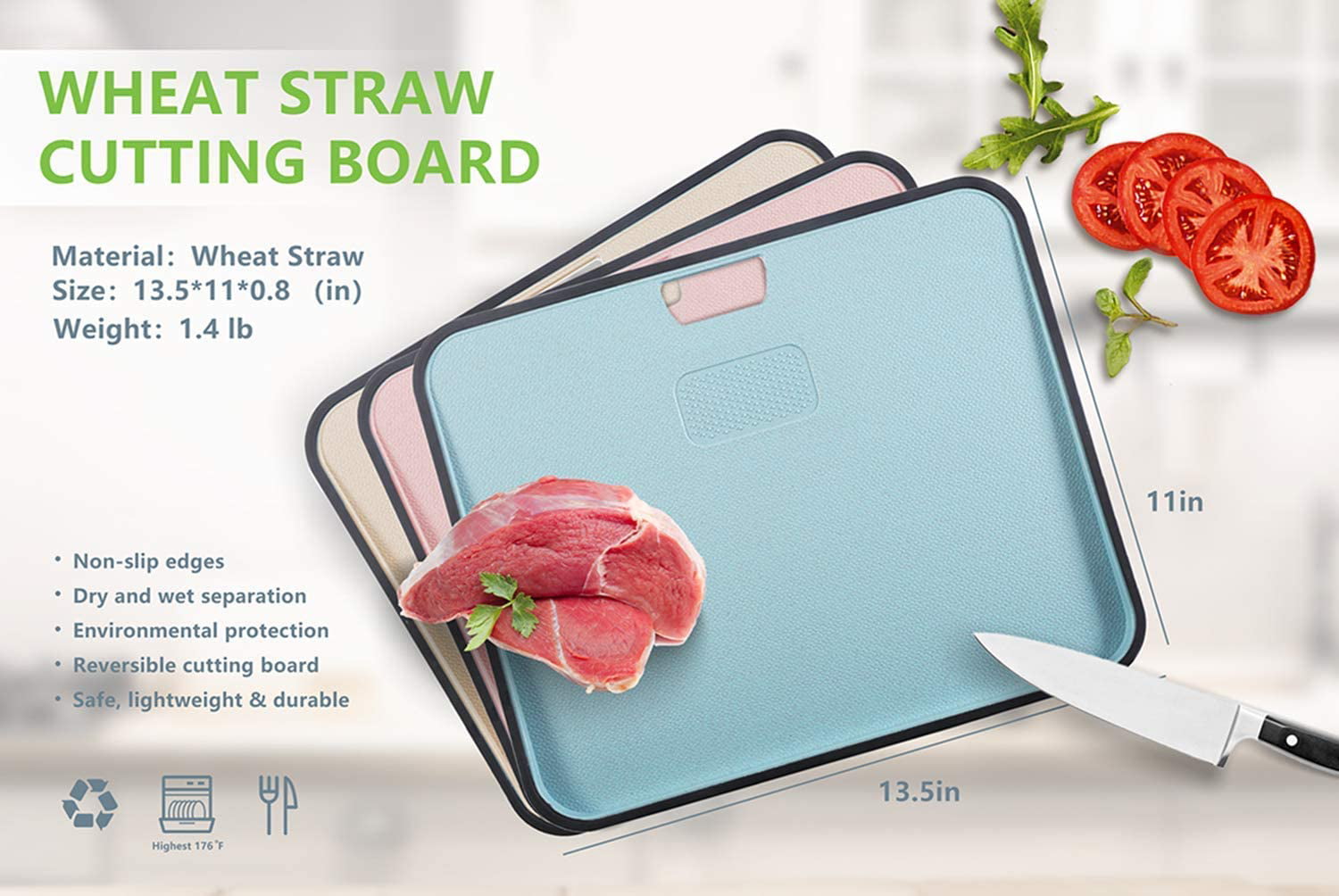 KLEX EcoWheat Cutting Board for Kitchen (Set of 3), BPA Free Food Safe  Wheat straw PP material, 3 size chopping boards set, Dishwasher safe, Juice  Groove Non-Slip Design with Easy Grip Handle