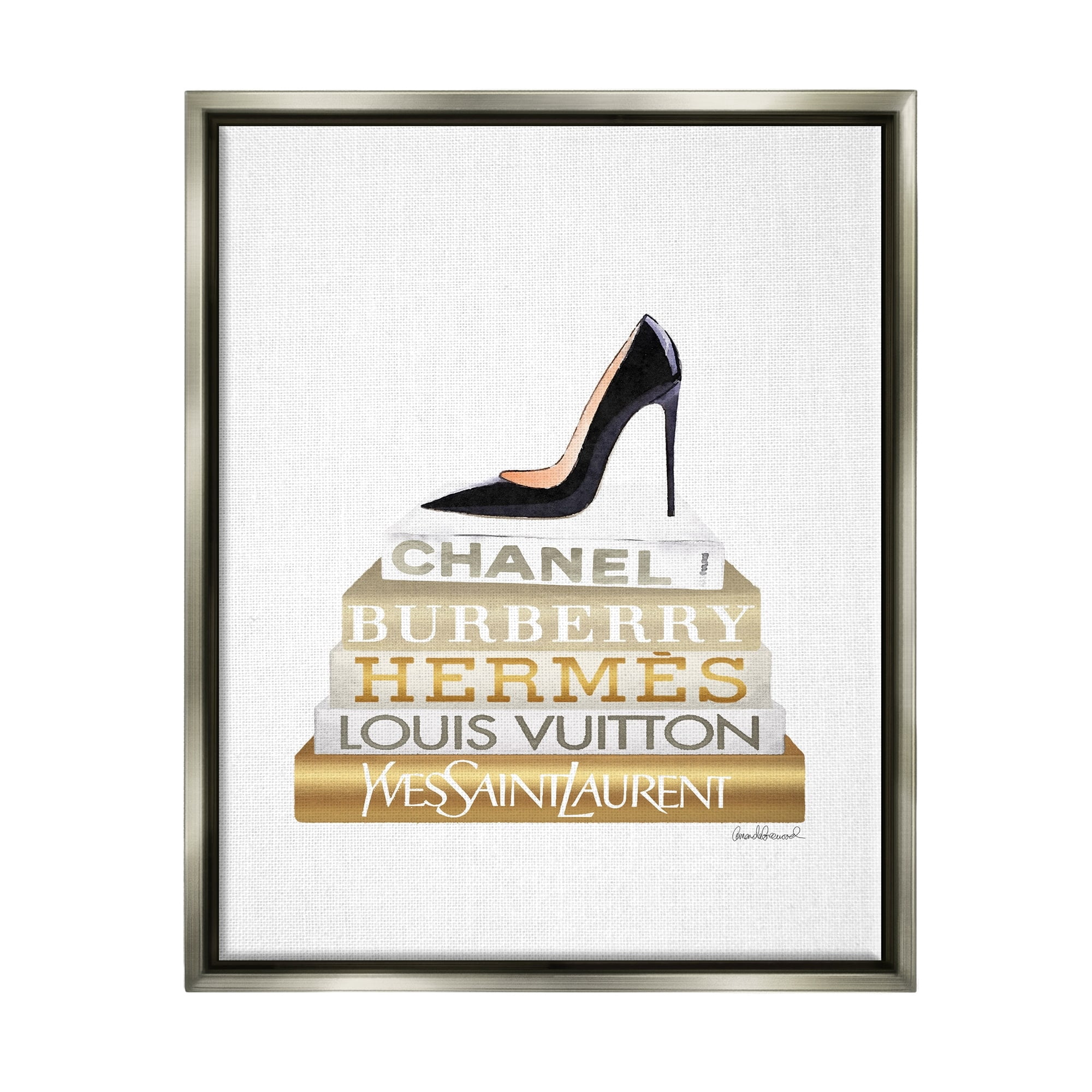 Stupell Industries Black Heels Gold White Bookstack Glam Fashion Design Luster Gray Framed Floating Canvas Wall Art, 24x30, by Amanda Greenwood