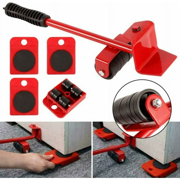 Kit para mover muebles pesados sin esfuerzo, mueve muebles con ruedas, kit de palanca y carro para muebles, 1 barra de elevación y 4 ruedas móviles, jugo