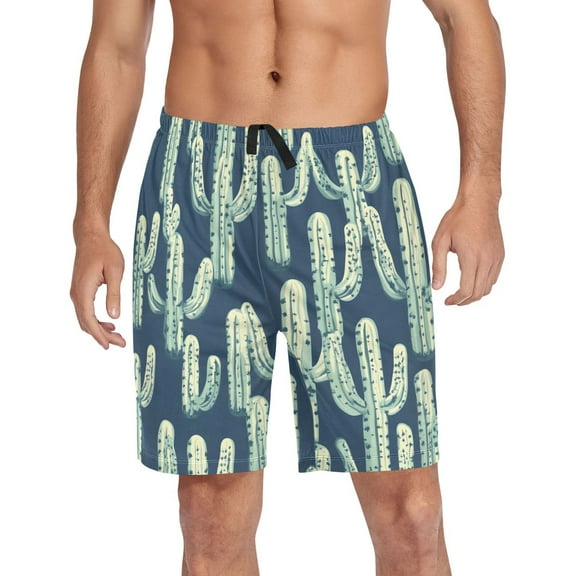 Men's Pajama Shorts Bottoms with Pockets Soft Lightweight Lounge Sleep Wear Cartoon Cactus