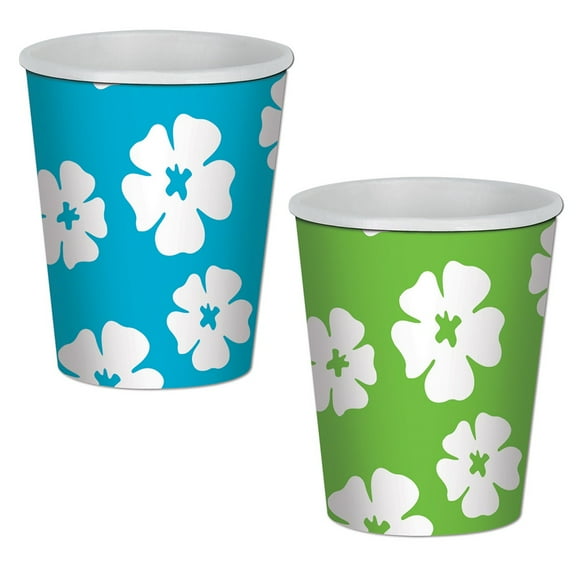 Club Pack of 96 Blue and Green Hibiscus Disposable Paper Drinking Party Tumbler Cups 9 oz.