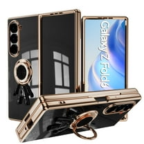 Compatible with Samsung Galaxy Z Fold 6 Cute Case with 3D Astronaut 360 Ring Holder Hidden Kickstand Plating Camera Protection Cover Soft Silicone Bumper Phone Case for Women Men,Black