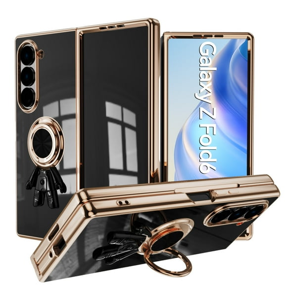 ELEHOLD Case for Samsung Galaxy Z Fold 7, Shockproof Electroplated 360° Rotating Ring Stand Phone Case,Black