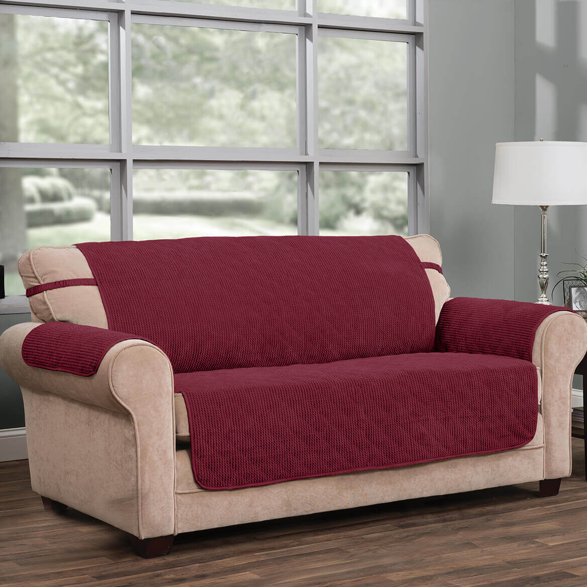 Innovative Textile Solutions 1-Piece Ripple Plush Secure Fit Sofa Furniture Cover Slipcover, Burgundy